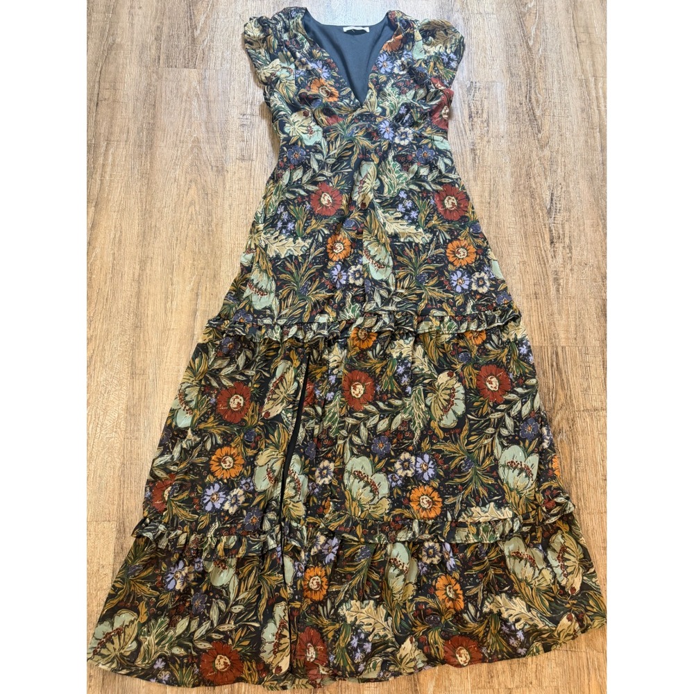 12th Tribe Floral Maxi Dress Medium Boho Tiered V-Neck Flutter Sleeve Botanical